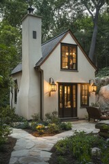 Charming small cottage with warm lighting surrounded by natural greenery in a serene forest setting during twilight hours