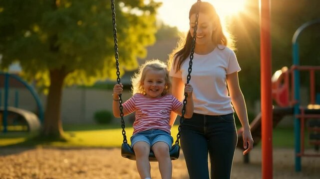 A young Caucasian woman pushes a small blonde girl on a swing in a playground during sunset. The scene is warm and cheerful, with trees in the background.