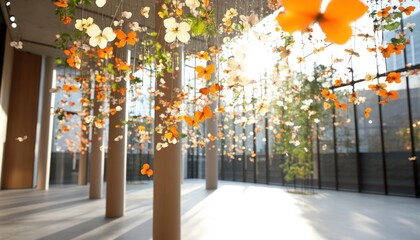 Vibrant hanging floral decor indoor installation bright sunlight modern building interior design abstract flower display art exhibition ornate botanical arrangement