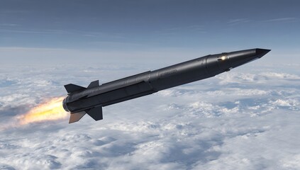 A missile launches through a cloudy sky.