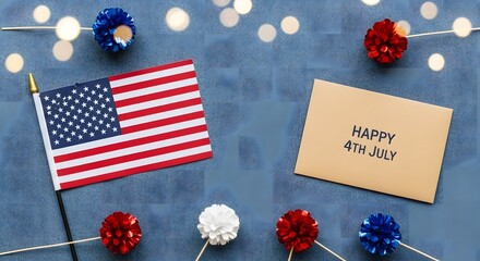 Obraz premium Fourth of July American Flag Celebration with Red White Blue Decorations and Holiday Card