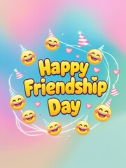 Joyful celebration of happy friendship day with smiling emojis wearing party hats and pink hearts on a colorful pastel gradient background