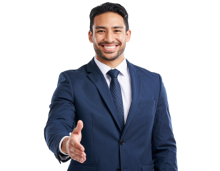Isolated business man, open handshake and portrait with smile, welcome or greeting by transparent background.
