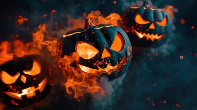 A close-up shot of a fire with two pumpkins sitting on top, ideal for autumn or Halloween-themed projects