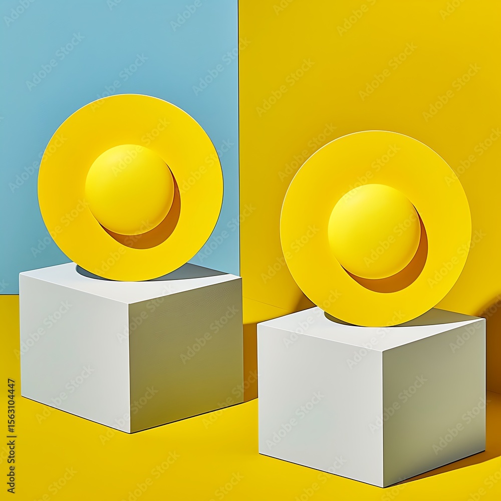 Poster geometric composition featuring two abstract circular forms on cubic pedestals against color block