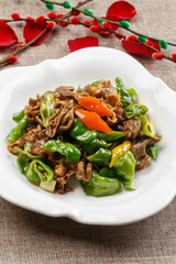 Stir-fried chicken gizzards with hot peppers on a white porcelain plate
