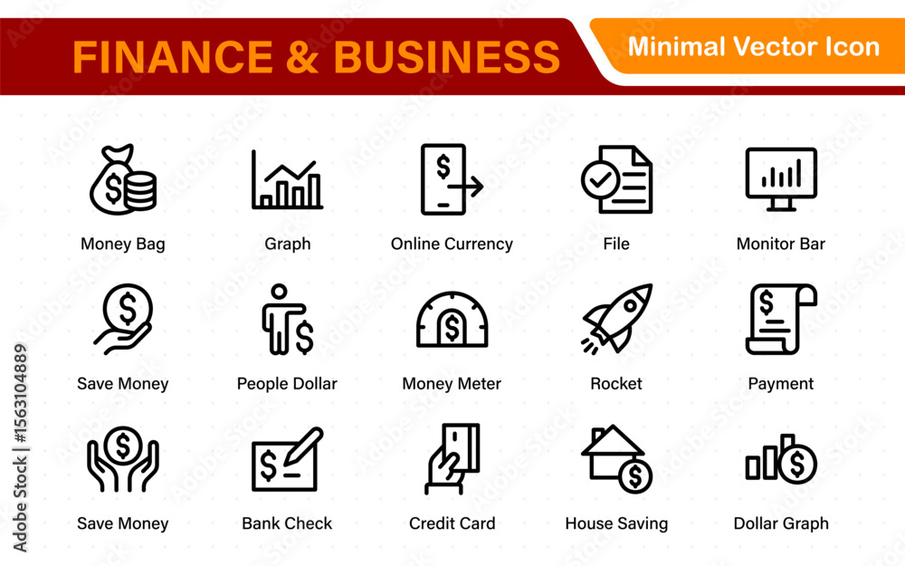 Poster finance and business line icons collection. big ui icon set in a flat design. thin outline icons pac