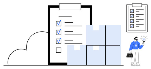 Checklist on clipboard with marked tasks, stacked storage boxes, cloud, and person with bulb. Ideal for logistics, inventory, productivity, cloud solutions planning supply chain workflow. Simple