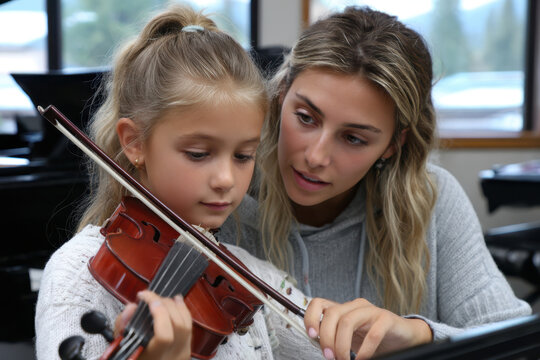 Young girl learns to play violin with guidance from her instructor in a music classroom - Powered by Adobe
