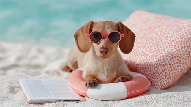 A relaxed dachshund in red sunglasses sits on a flotation ring with an open book on a sunny beach. A cheerful and humorous summer vacation scene perfect for pet lifestyle and travel concepts.