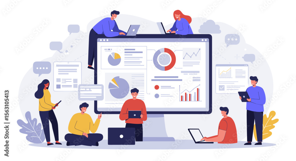 Poster team collaboration and data analysis vector illustration for business and technology concepts