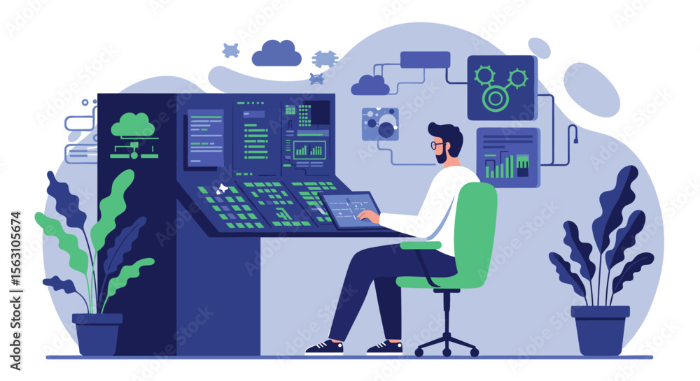 Poster technology control room vector illustration for it management and data analysis