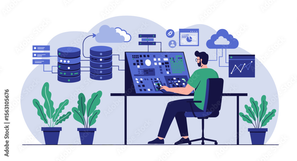 Poster data management and analysis vector illustration in flat style for technology and it solutions desig