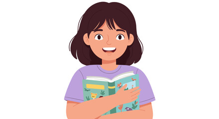 Smiling girl reading a book with cute animal illustrations - flat style vector illustration for educational design