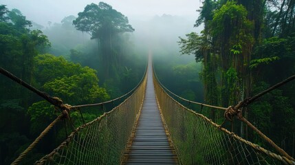 Misty jungle suspension bridge
