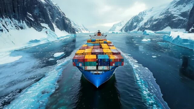 Container ship and Arctic shipping are captured as a large cargo vessel loaded with colorful containers sails through frozen sea passages surrounded by icebergs and snow covered mountains in a remote 
