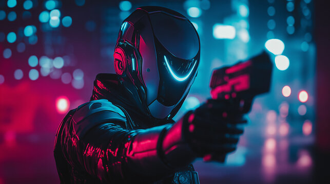 Close-up of a cyber warrior in smooth metal armor holding a weapon