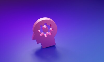 Pink Human head with gear inside icon isolated on purple-blue background. Artificial intelligence. Thinking brain. Symbol work of brain. Minimalism concept. 3D render illustration