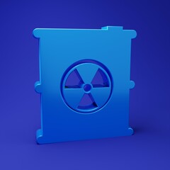 Blue Radioactive waste in barrel icon isolated on blue background. Toxic refuse keg. Radioactive garbage emissions, environmental pollution. Minimalism concept. 3D render illustration