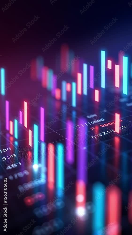 Poster stock market data visualization with colorful glowing candlestick chart bars showing financial trend