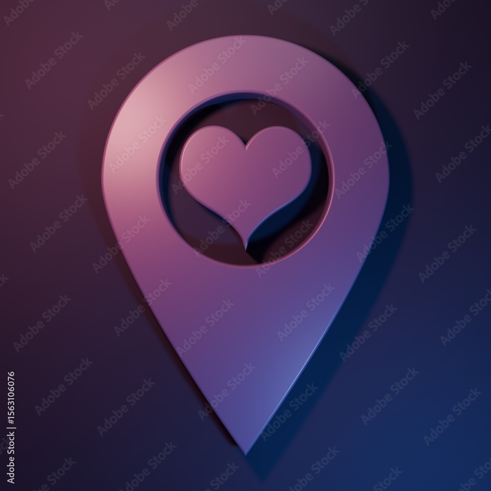 Poster purple map pointer with heart icon isolated on purple-blue background. minimalism concept. 3d render