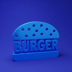 Blue Burger icon isolated on blue background. Hamburger icon. Cheeseburger sandwich sign. Minimalism concept. 3D render illustration
