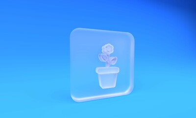 Frosted glass Flower in pot icon isolated on blue background. Plant growing in a pot. Potted plant sign. Square frosted glass button. 3D render illustration