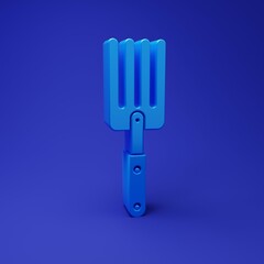 Blue Garden fork icon isolated on blue background. Pitchfork icon. Tool for horticulture, agriculture, farming. Minimalism concept. 3D render illustration