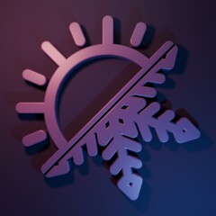 Purple Hot and cold symbol. Sun and snowflake icon isolated on purple-blue background. Winter and summer symbol. Minimalism concept. 3D render illustration
