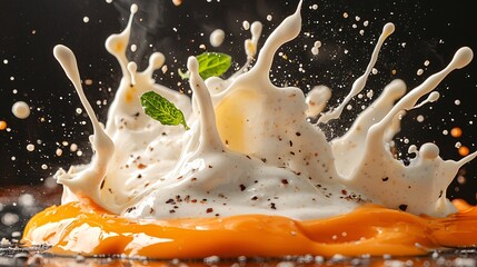 Mayonnaise and ranch dressing splashing together, creating dynamic speckles with creamy textures, complemented by the warm orange of cheese sauce