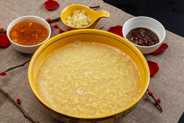 Yellow porcelain bowl of pea soup