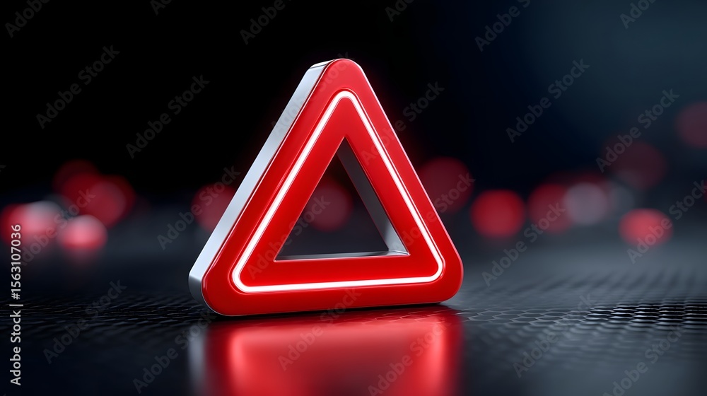 Poster illuminated red warning triangle on a dark surface