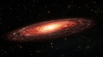 A view of a red galaxy, with a central glowing red core emitting light outward