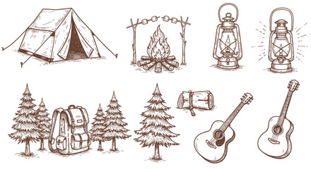 Camping adventure vector illustration with tent, campfire, lanterns, and acoustic guitars in hand-drawn style for outdoor posters or cards