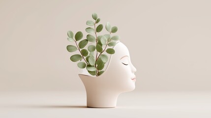 Conceptual image of a white minimalist female face sculpture with a green plant growing from the top. Represents mental growth, nature, mindfulness, sustainability and harmony between brain, design