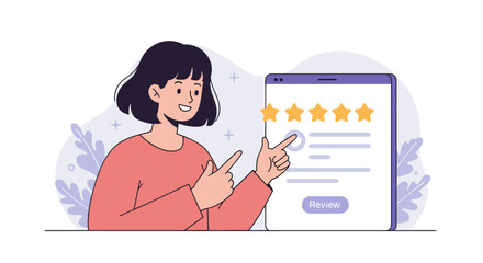 Customer feedback vector illustration: woman giving five-star review in flat style for online ratings design