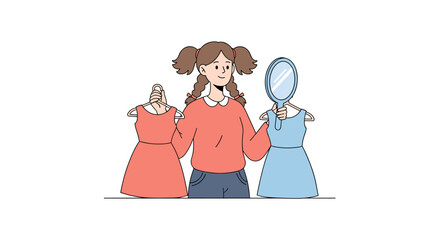 Shopping choice: young woman deciding between dresses, vector illustration for fashion and retail design