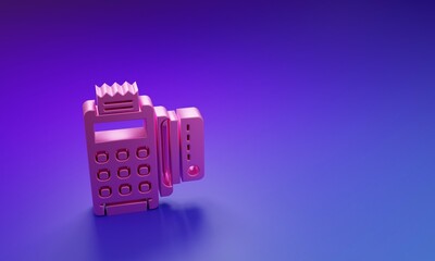 Pink POS terminal with inserted credit card and printed reciept icon isolated on purple-blue background. NFC payment concept. Minimalism concept. 3D render illustration