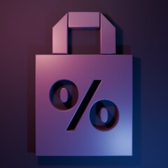 Purple Shoping bag with an inscription percent discount icon isolated on purple-blue background....