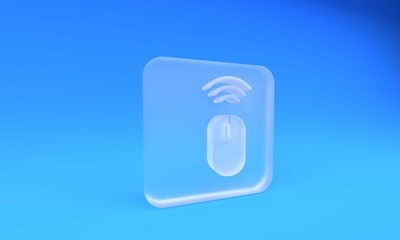 Frosted glass Wireless computer mouse system icon isolated on blue background. Internet of things...
