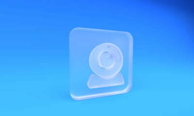 Frosted glass Web camera icon isolated on blue background. Chat camera. Webcam icon. Square frosted...