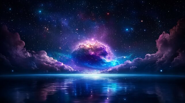 A lake floating in the sky, surrounded by stars