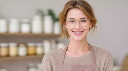 Smiling blonde woman with clear glasses and soft makeup stands in front of shelves with jars. Wearing a brown apron and beige sweater, this image conveys friendliness, confidence, and small business 
