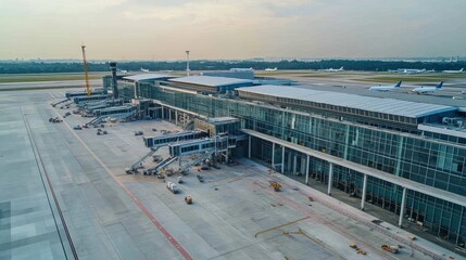 Modern airport terminal with jetways and aircraft.  Exterior view of a large airport facility