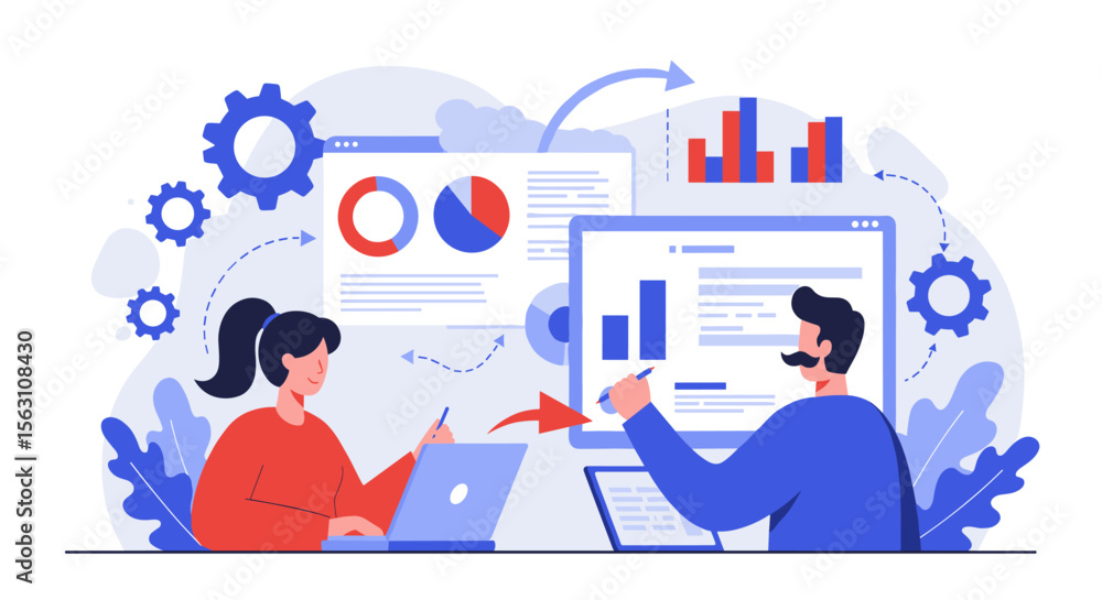 Poster collaborative teamwork in business analytics vector illustration for presentations and reports