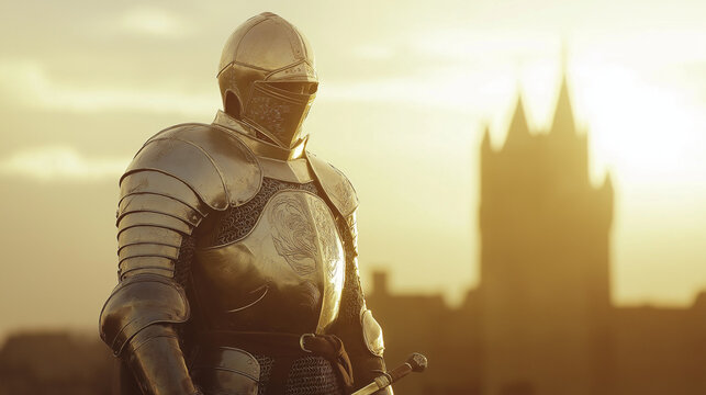Medieval knight in shining armor at sunset with castle in background