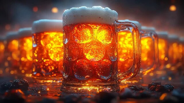 Illuminated beer steins on a dark surface