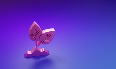 Pink Plant icon isolated on purple-blue background. Seed and seedling. Leaves sign. Leaf nature. Minimalism concept. 3D render illustration