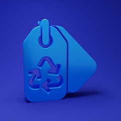 Blue Tag with recycle symbol icon isolated on blue background. Banner, label, tag, logo, sticker for eco green. Minimalism concept. 3D render illustration
