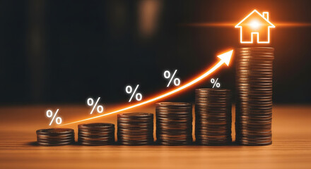 Stack of coins with a rising arrow and percentage signs leading to a house icon, symbolizing increasing property investment value and financial growth.